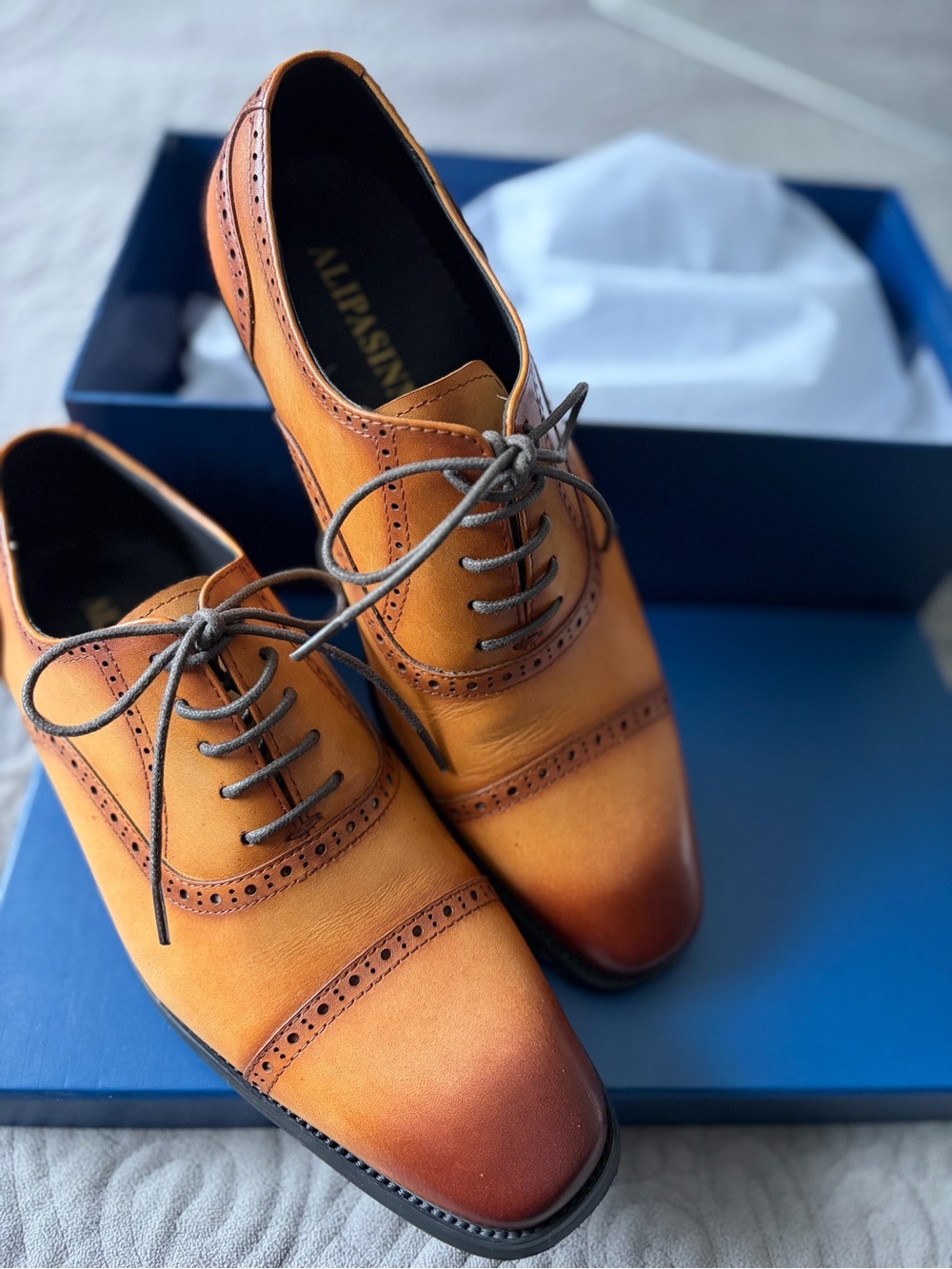 Alpasini Tan Burnished Leather Cap-Toe Oxford